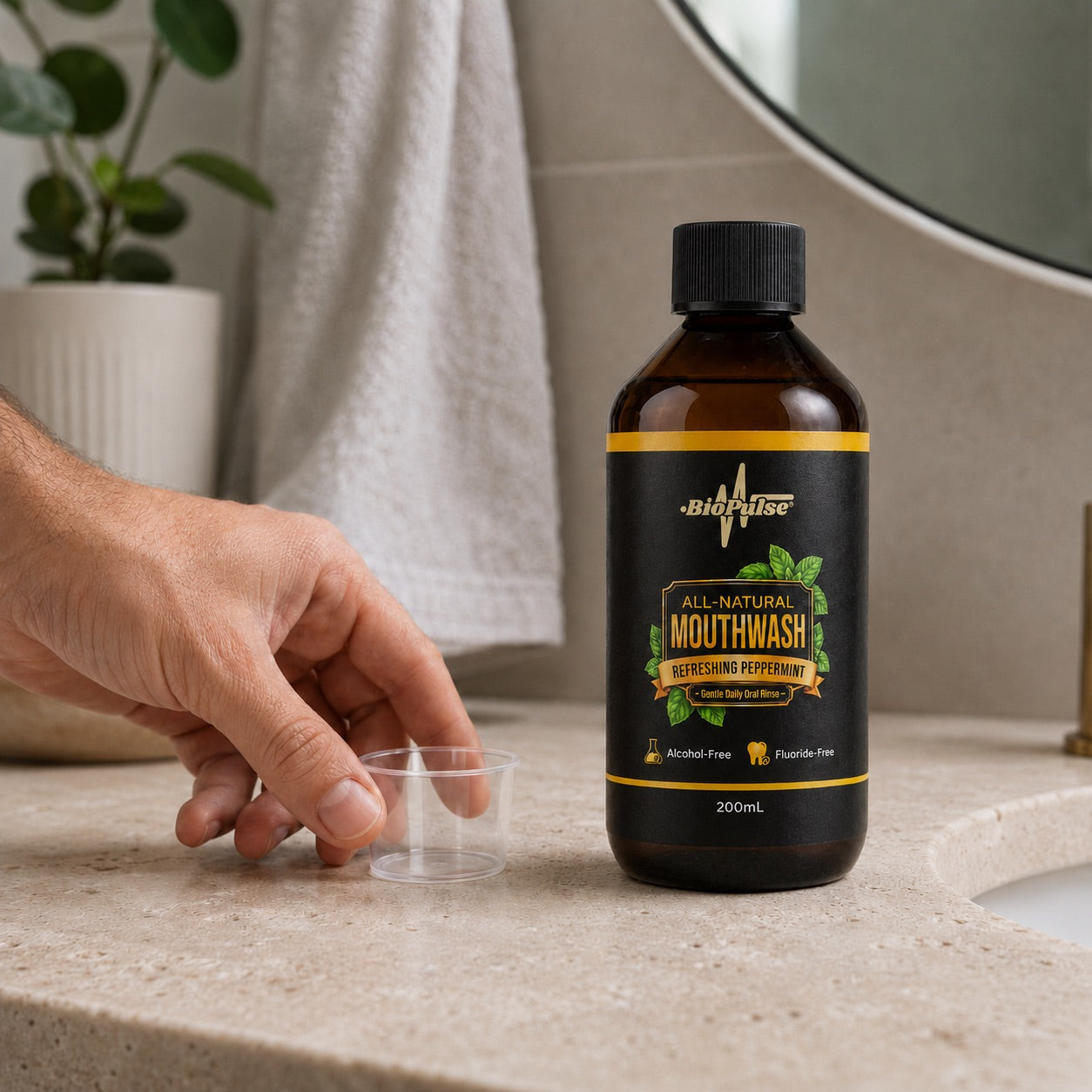 BioPulse mouthwash beside a measuring cup on a bathroom counter