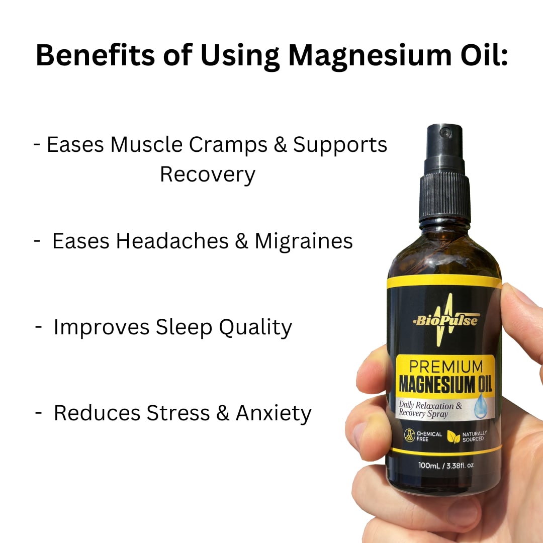 Hand holding a 100mL BioPulse Premium Magnesium Oil Spray bottle beside a bulleted text list
