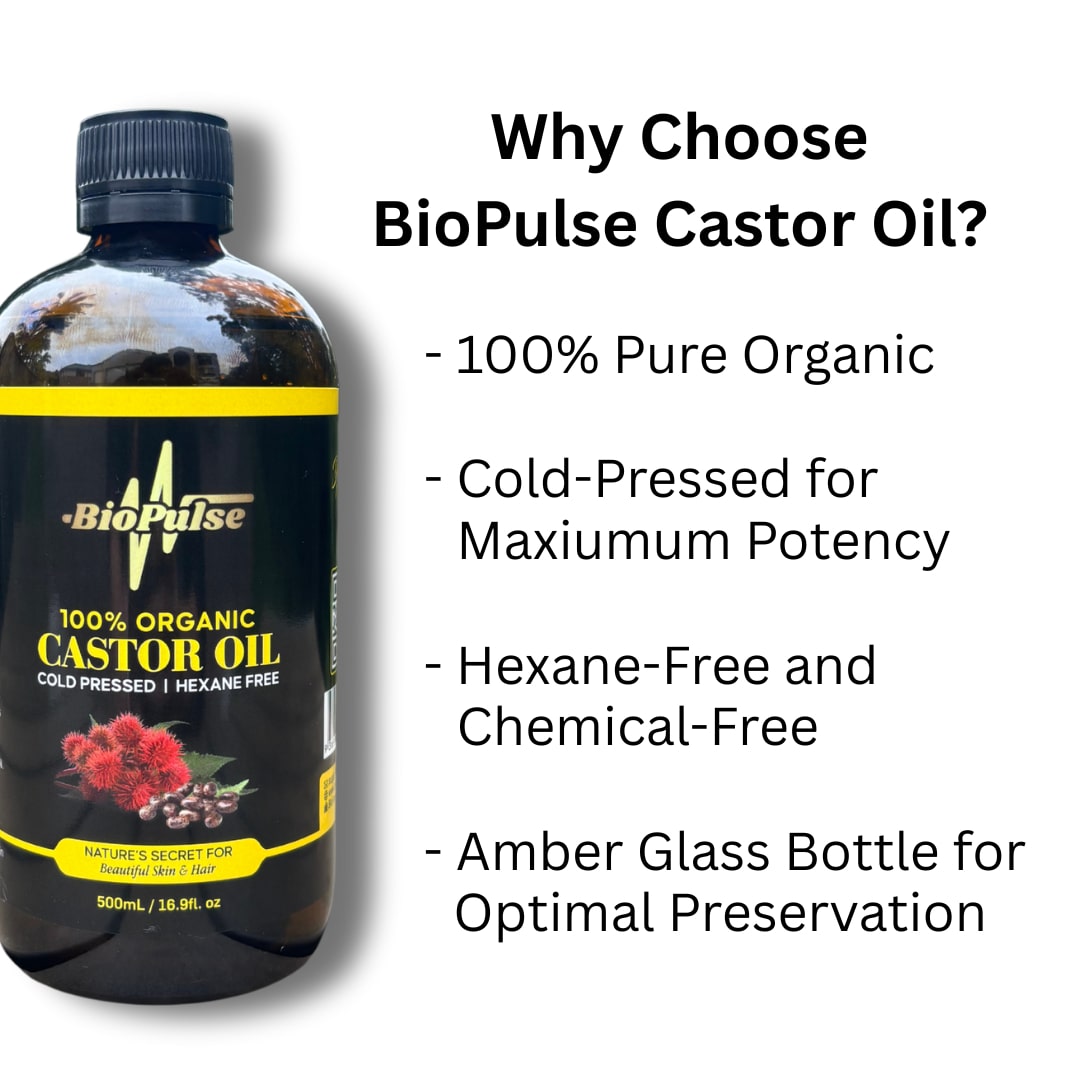 BioPulse 100% organic castor oil bottle with product benefits listed: pure, cold-pressed, hexane-free, amber glass bottle.