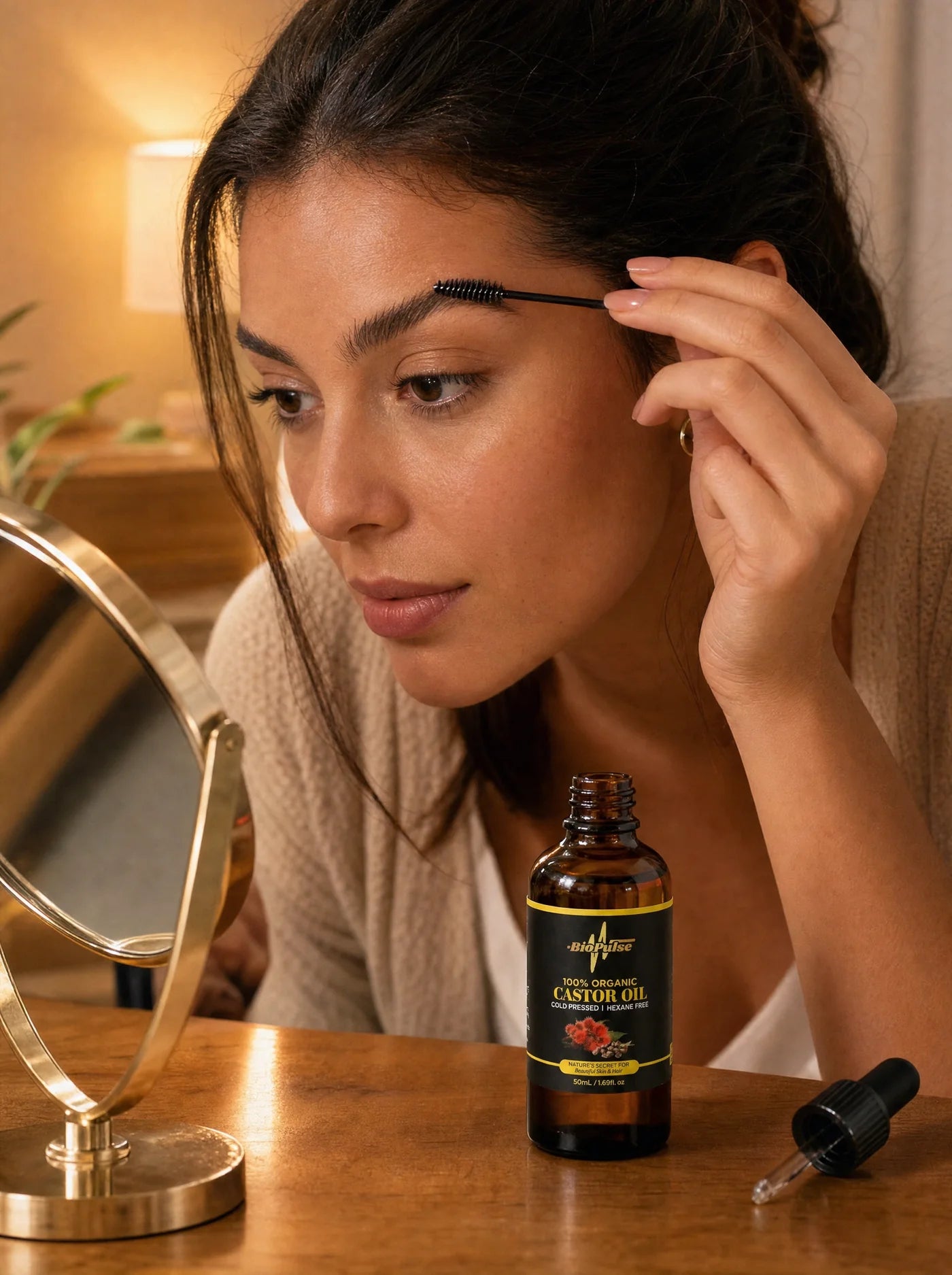 Applying castor oil along an eyebrow with a spoolie wand