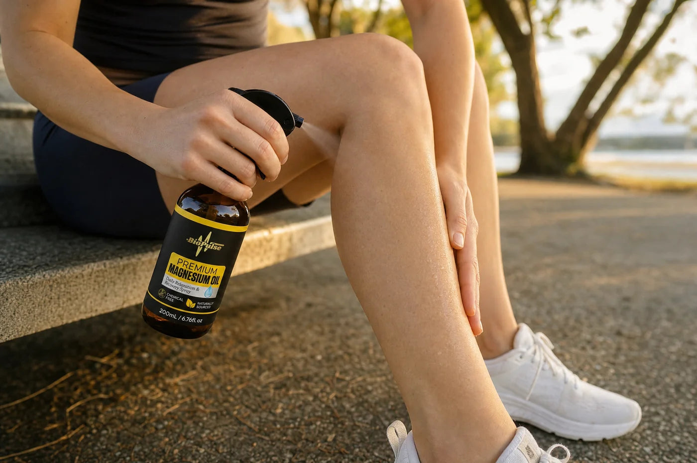 Spraying BioPulse magnesium oil onto a calf after a run