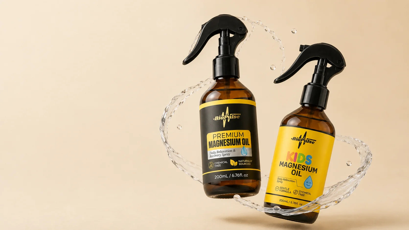 BioPulse magnesium oil spray bottles for adults and kids with a ribbon of water on an oat background