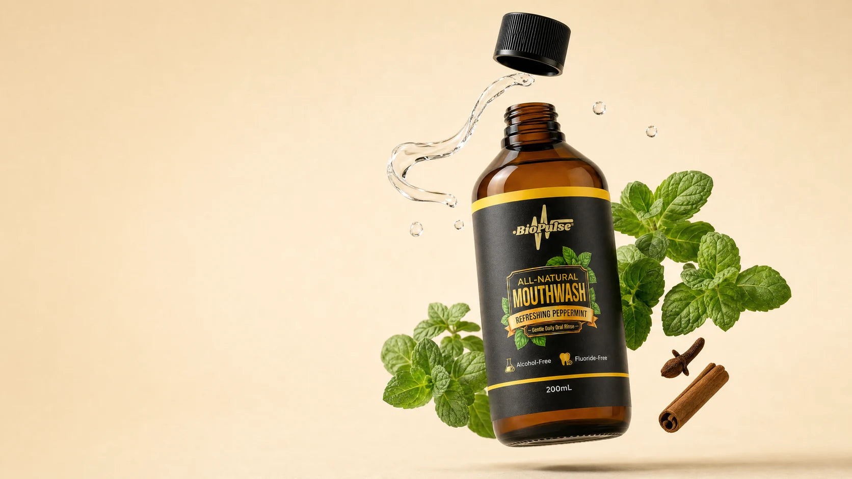BioPulse Refreshing Peppermint Mouthwash in an amber glass bottle with floating peppermint, clove and cinnamon