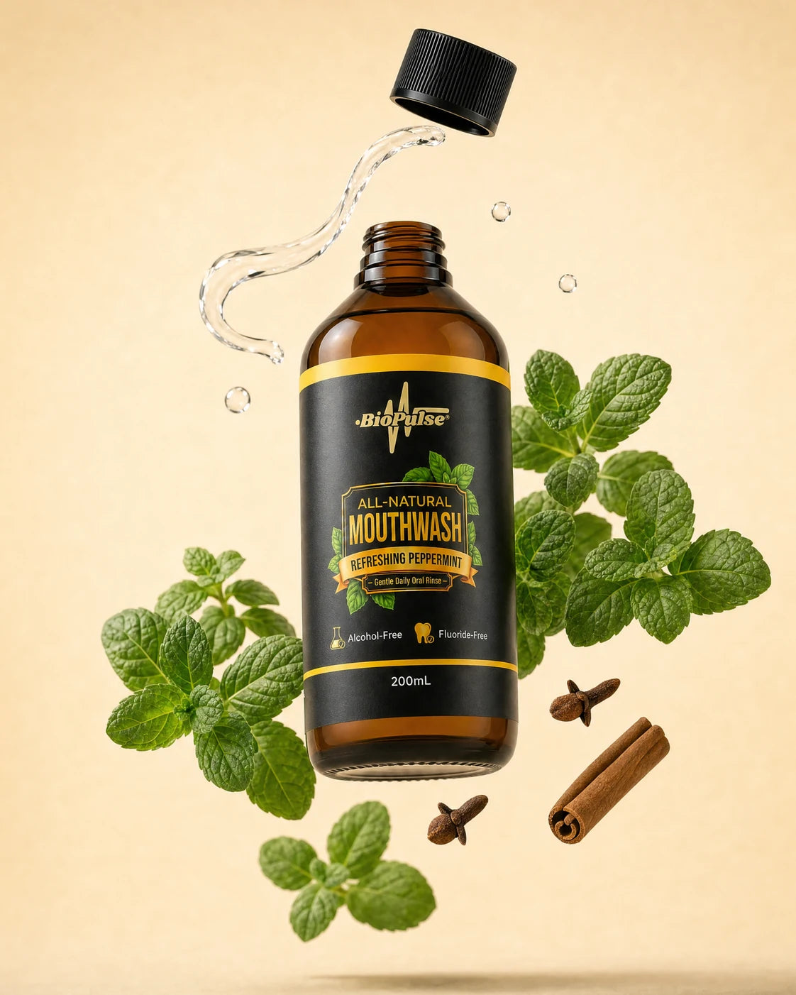 BioPulse Refreshing Peppermint Mouthwash in an amber glass bottle with floating peppermint, clove and cinnamon