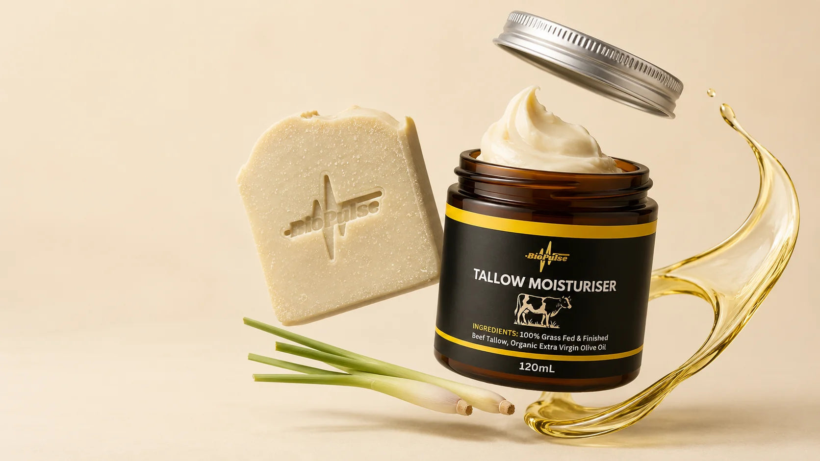 BioPulse tallow moisturiser jar with floating lid, tallow soap bar and lemongrass on an oat background