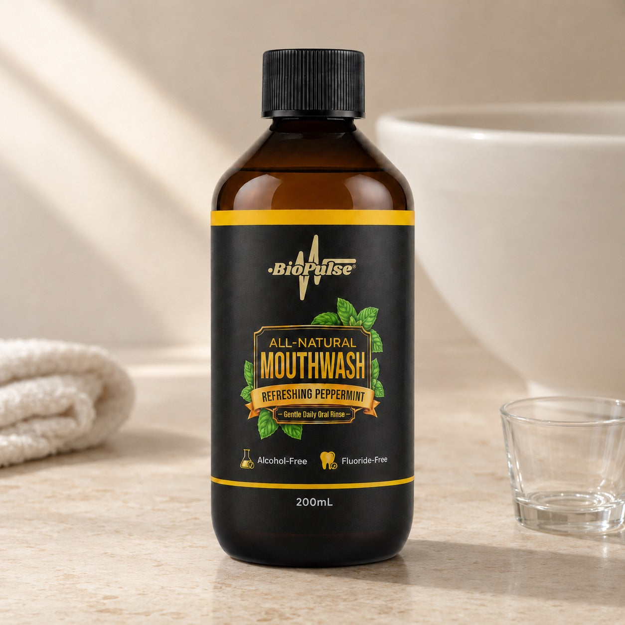 BioPulse mouthwash on a stone bathroom counter beside a folded towel and a glass