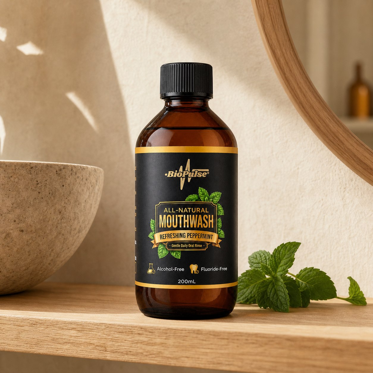 BioPulse mouthwash on a timber shelf next to a stone bowl and fresh mint