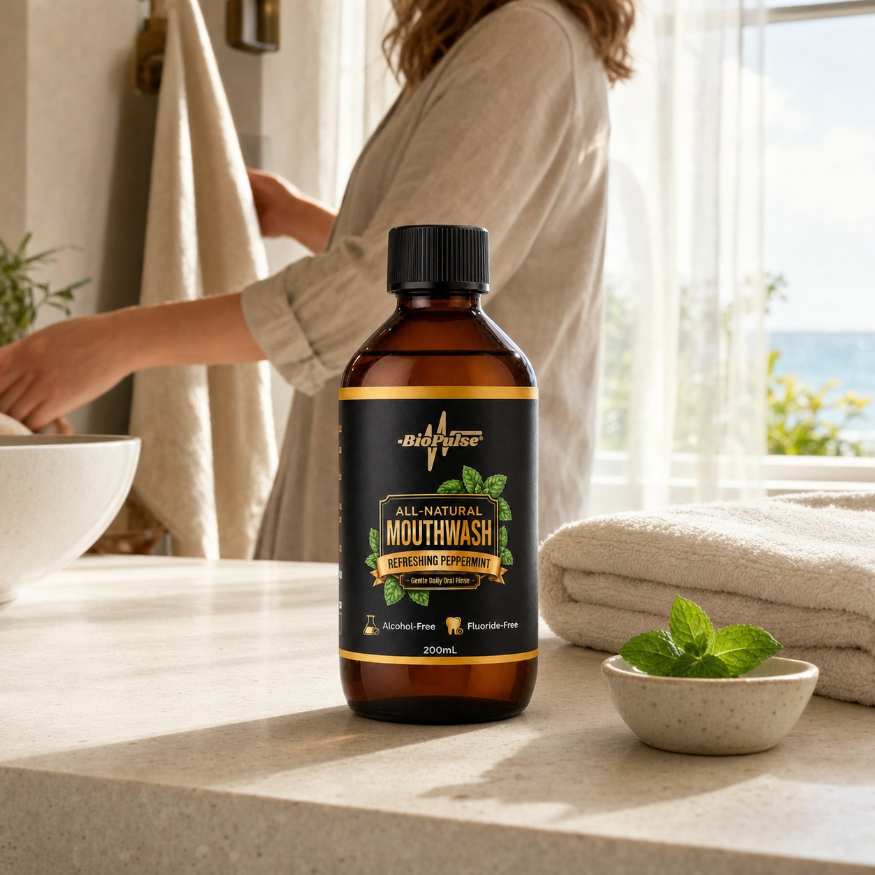 BioPulse mouthwash on a bright coastal bathroom counter with towels and mint