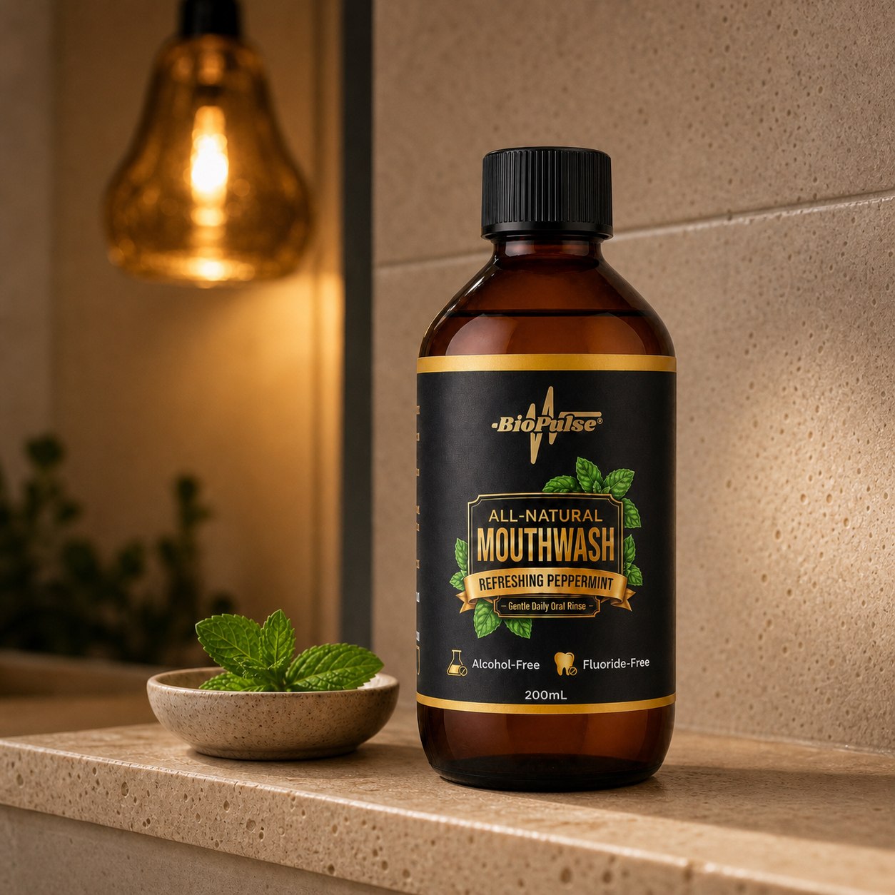 BioPulse mouthwash on a travertine bathroom shelf under warm evening light