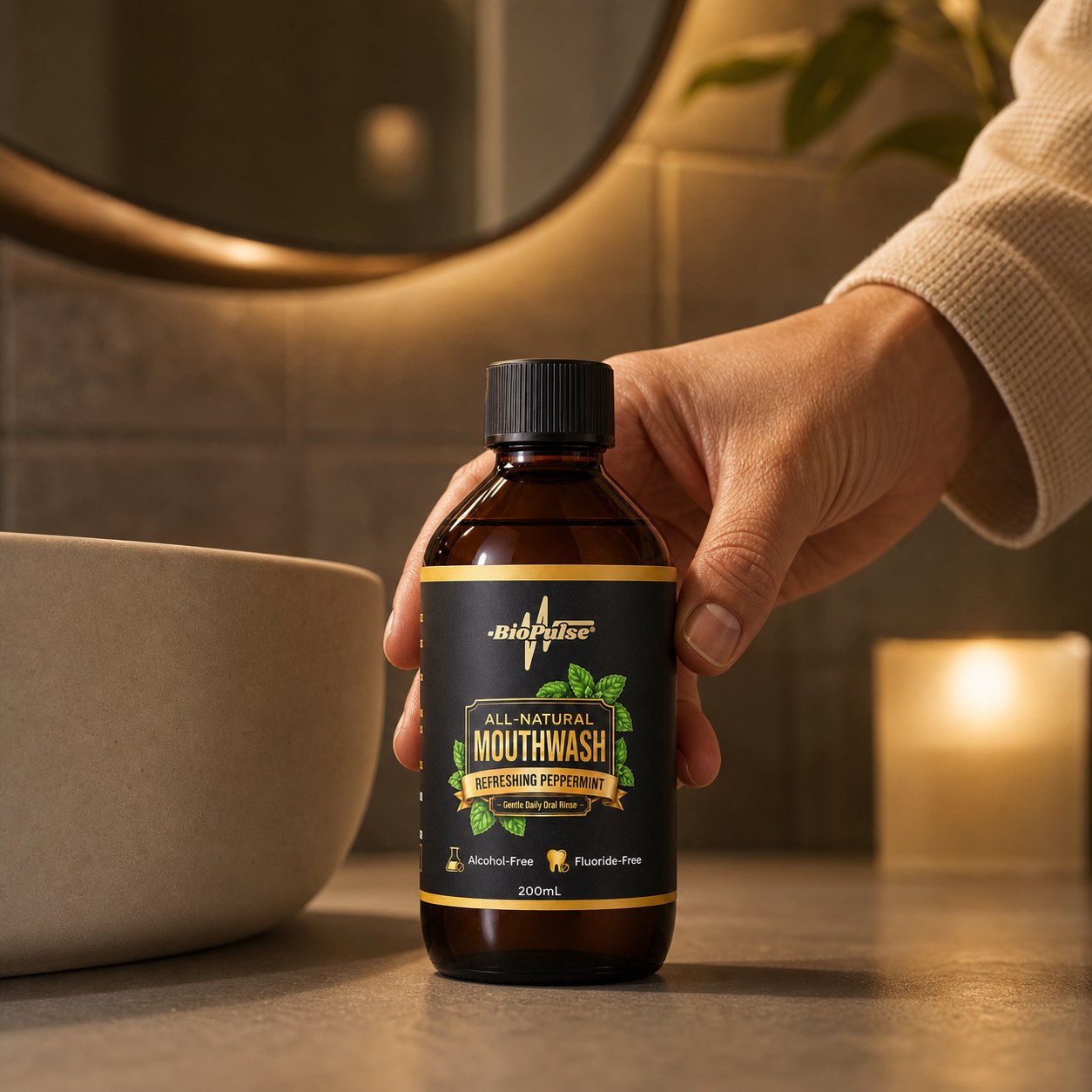 A hand placing the BioPulse mouthwash bottle on a bathroom counter