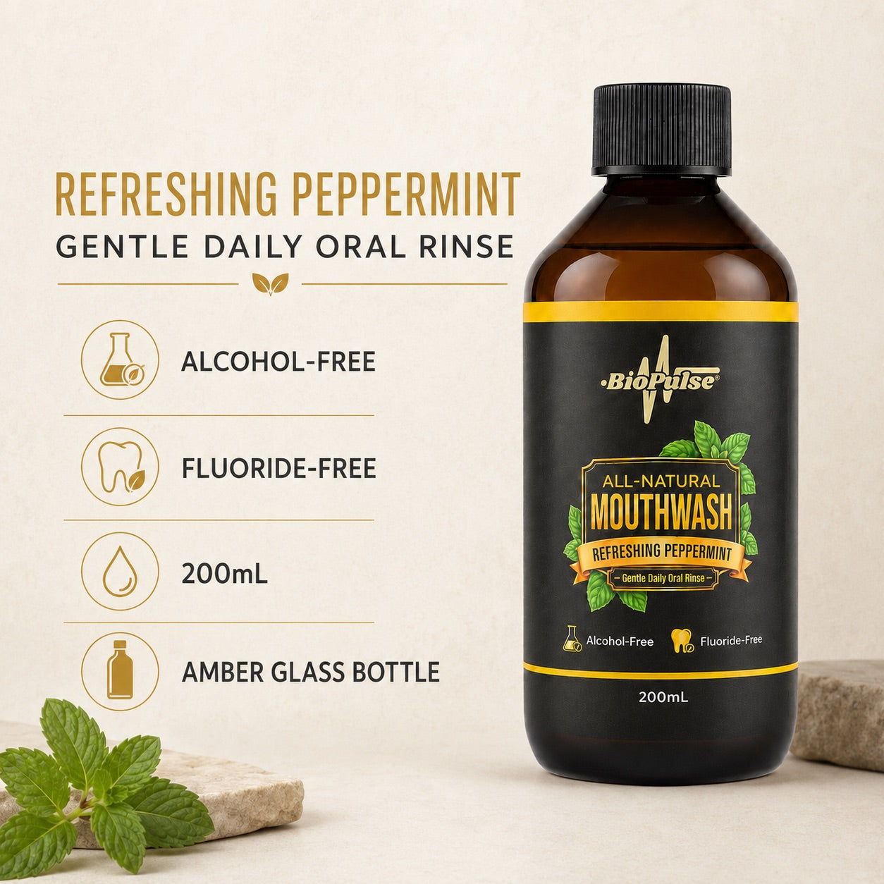 BioPulse mouthwash features: alcohol free, fluoride free, 200mL, amber glass bottle