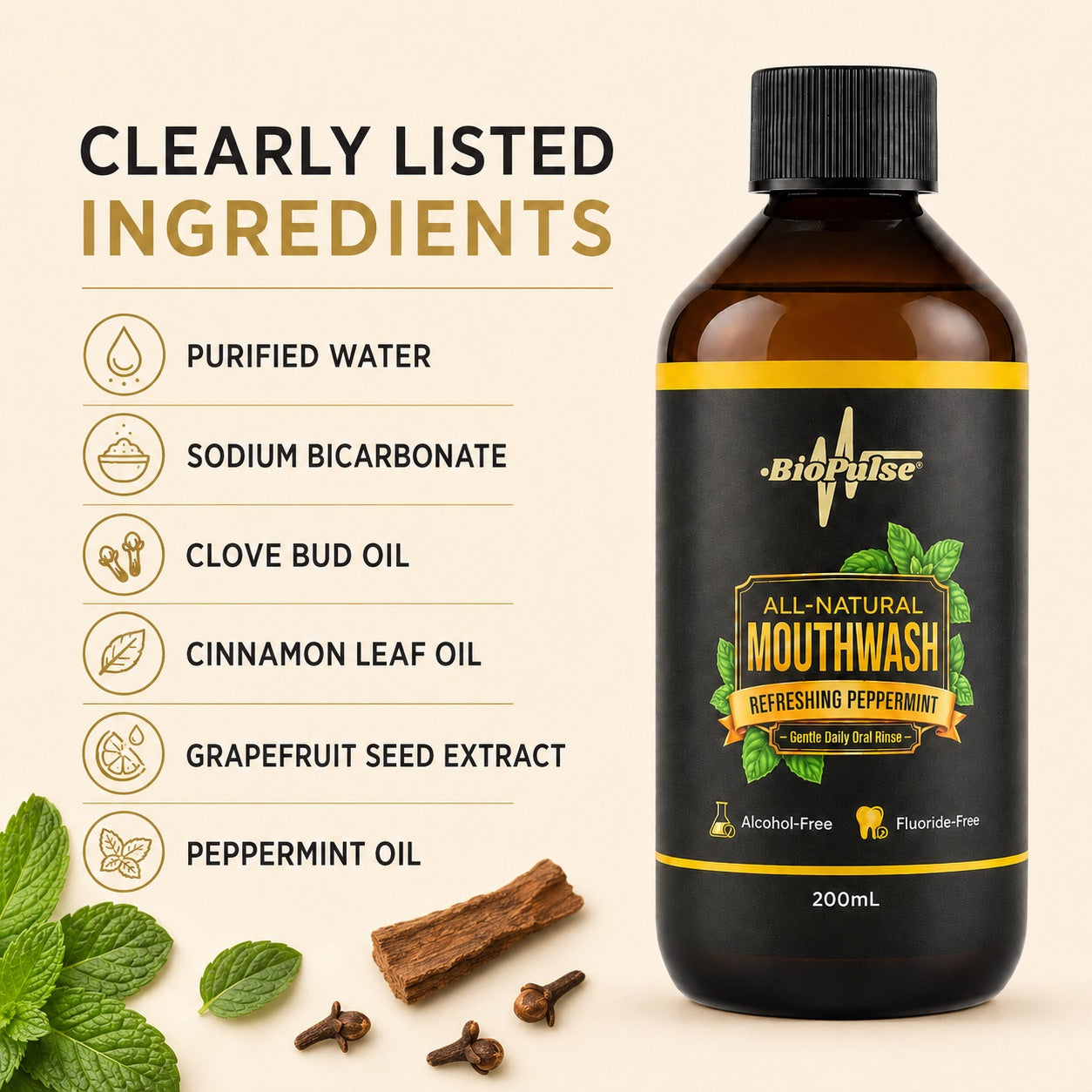 BioPulse mouthwash ingredients: purified water, sodium bicarbonate, clove bud oil, cinnamon leaf oil, grapefruit seed extract, peppermint oil