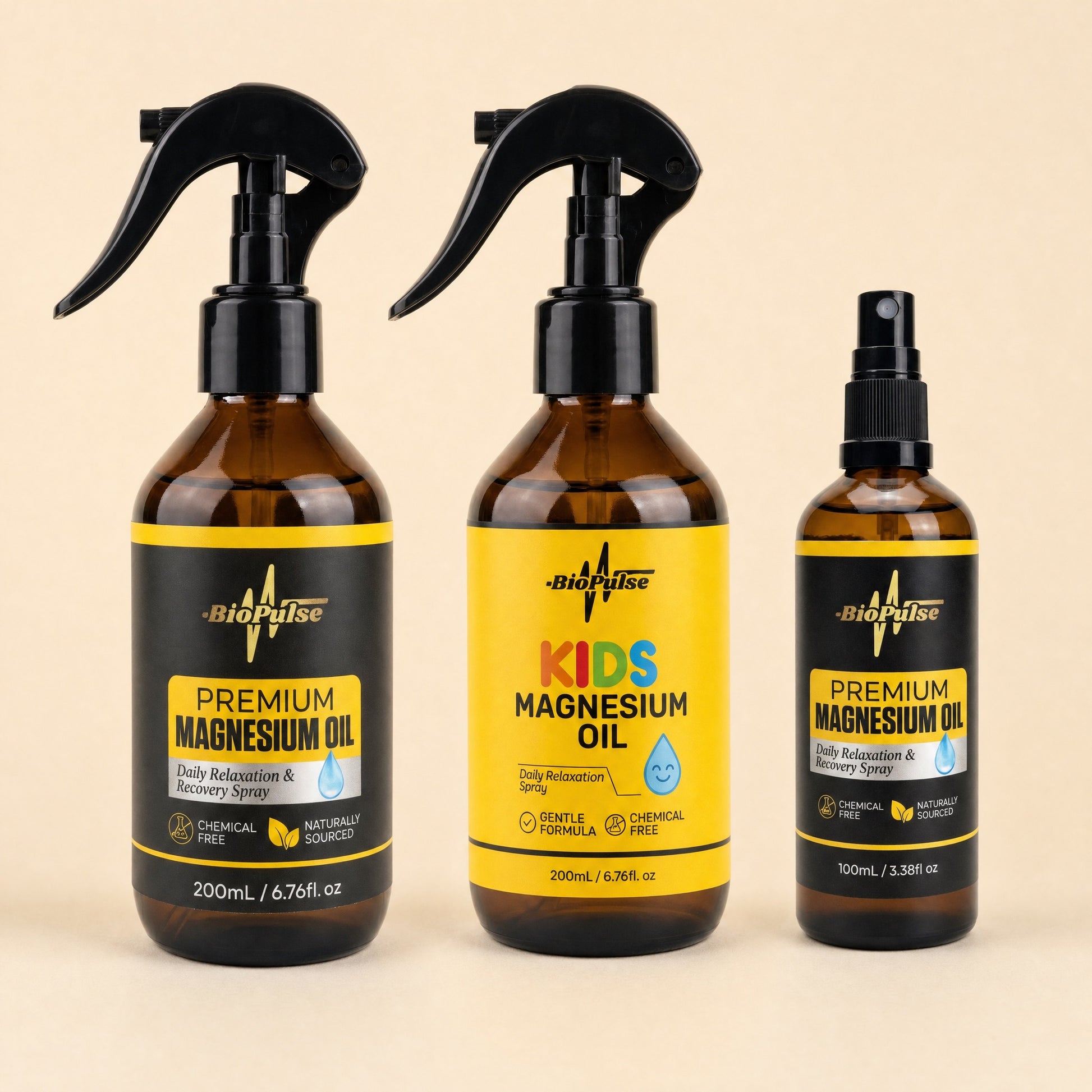 BioPulse Premium Magnesium Oil 200mL and 100mL sprays with a Kids Magnesium Oil 200mL spray in amber glass
