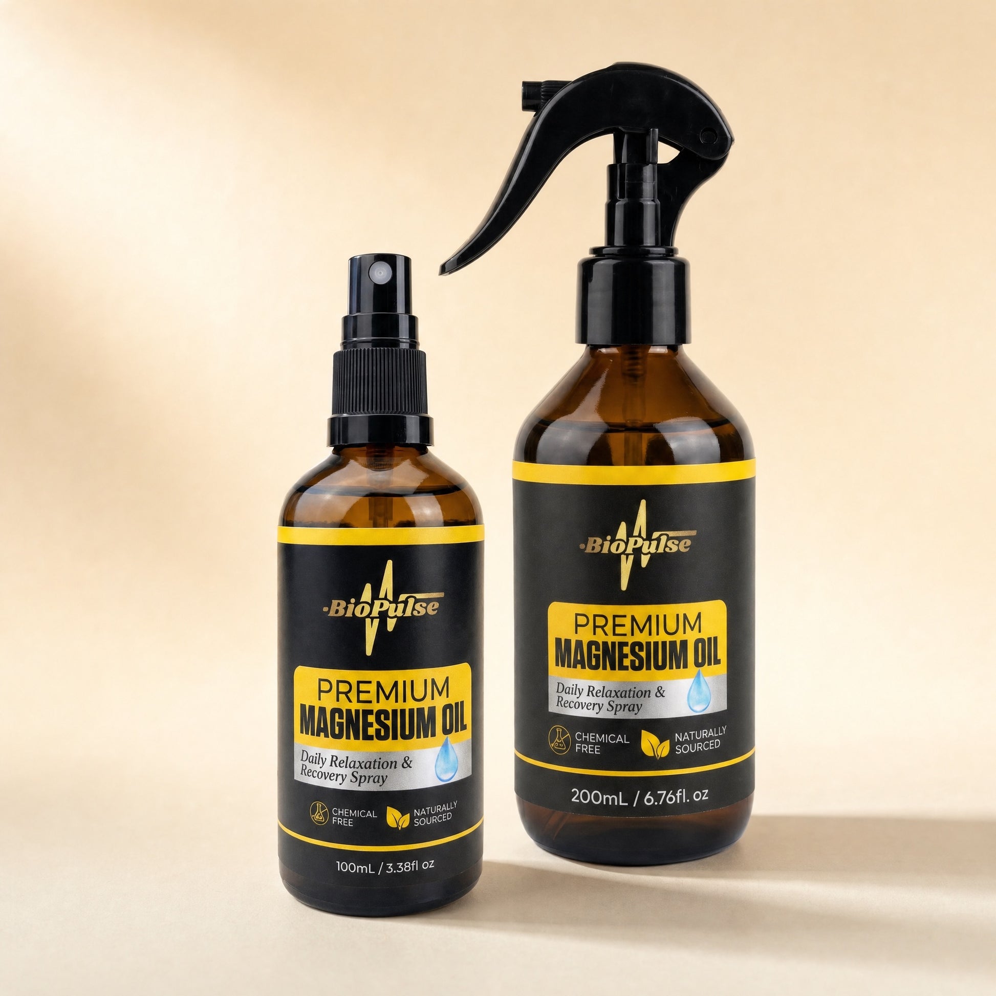 BioPulse Premium Magnesium Oil sprays in 100mL and 200mL amber glass bottles