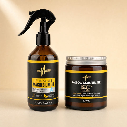 BioPulse Premium Magnesium Oil 200mL spray beside a 120mL Tallow Moisturiser jar, both amber glass