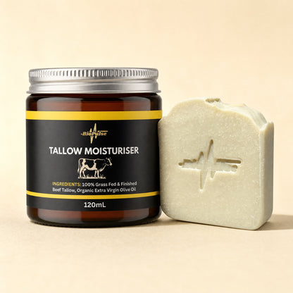BioPulse Tallow Moisturiser in a 120mL amber glass jar beside a pale green tallow soap bar