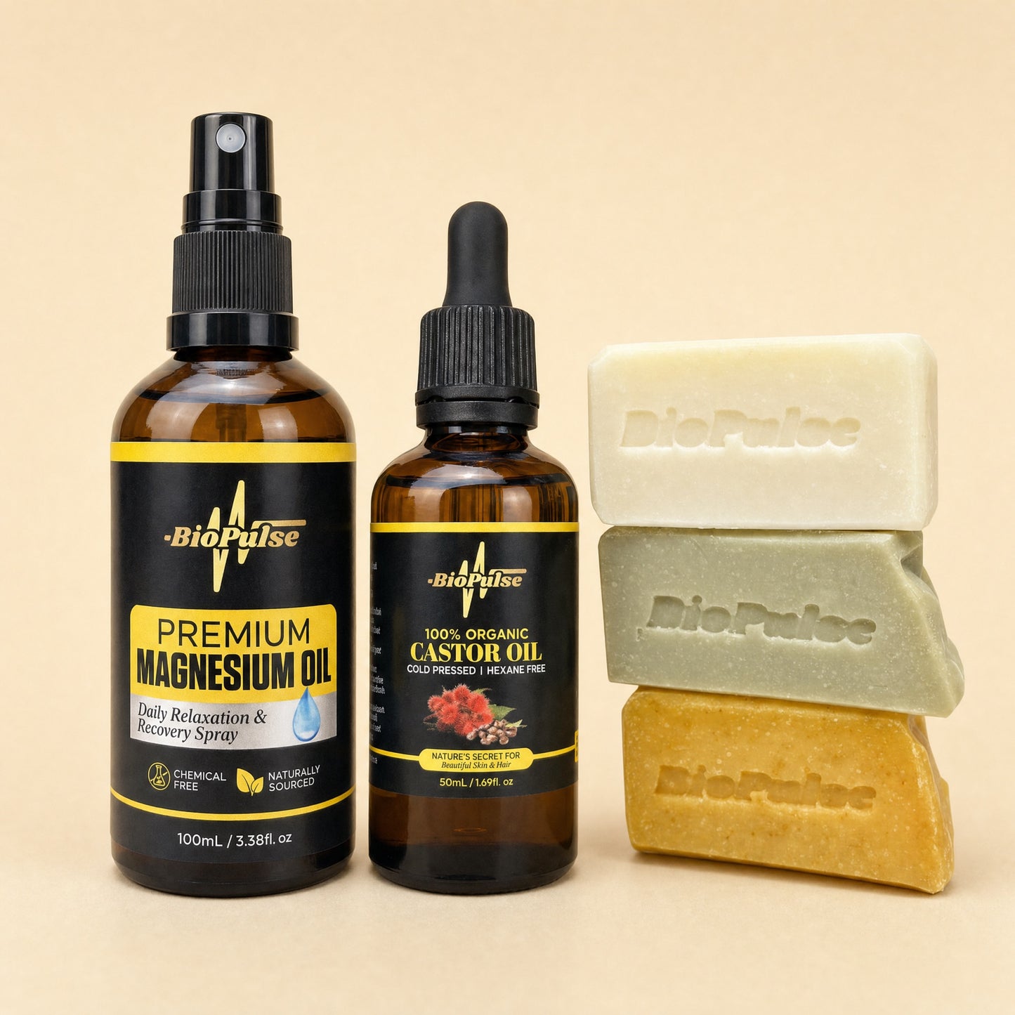 BioPulse Premium Magnesium Oil 100mL spray and 100% Organic Castor Oil 50mL beside three tallow soap bars