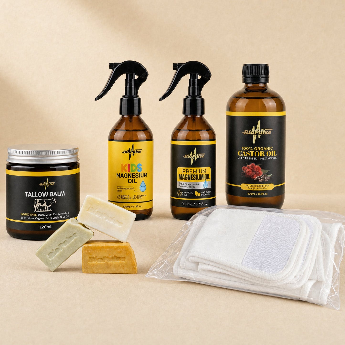 BioPulse Essentials Bundle with Tallow Balm jar, two magnesium oil sprays, castor oil, soap bars and white wrap