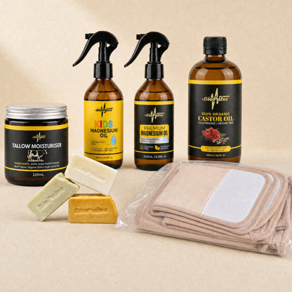 BioPulse Essentials Bundle with Tallow Moisturiser jar, two magnesium oil sprays, castor oil, soap bars and beige wrap