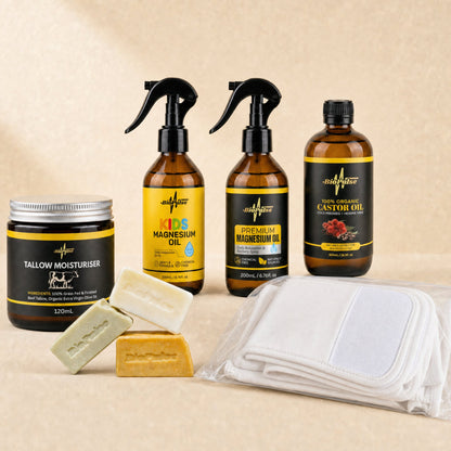 BioPulse Essentials Bundle with Tallow Moisturiser jar, two magnesium oil sprays, castor oil, soap bars and white wrap