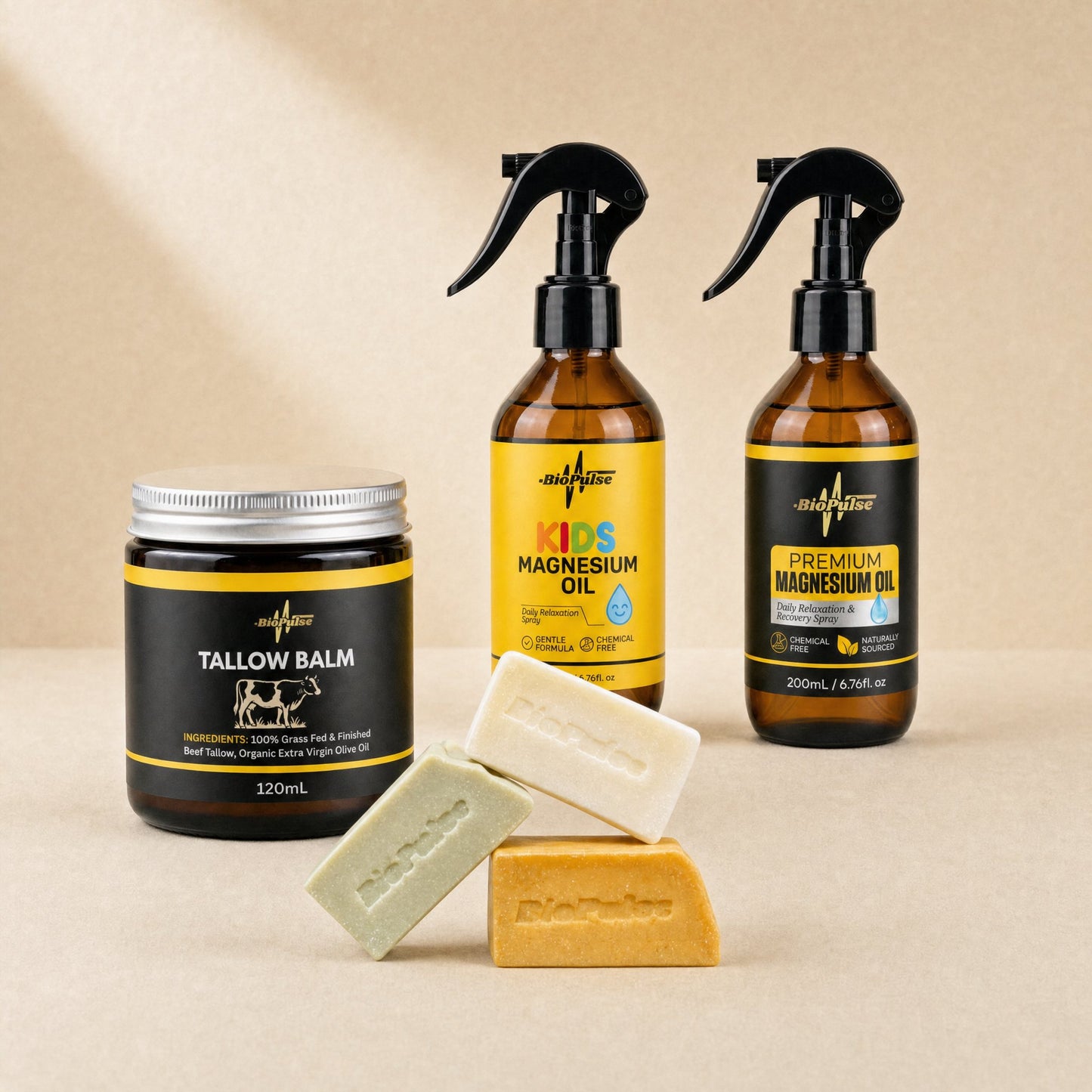 Family Essentials Bundle with BioPulse Tallow Balm jar, kids and premium magnesium oil sprays and three soap bars
