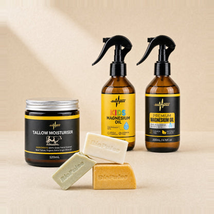 Family Essentials Bundle with BioPulse Tallow Moisturiser jar, kids and premium magnesium oil sprays and three soap bars