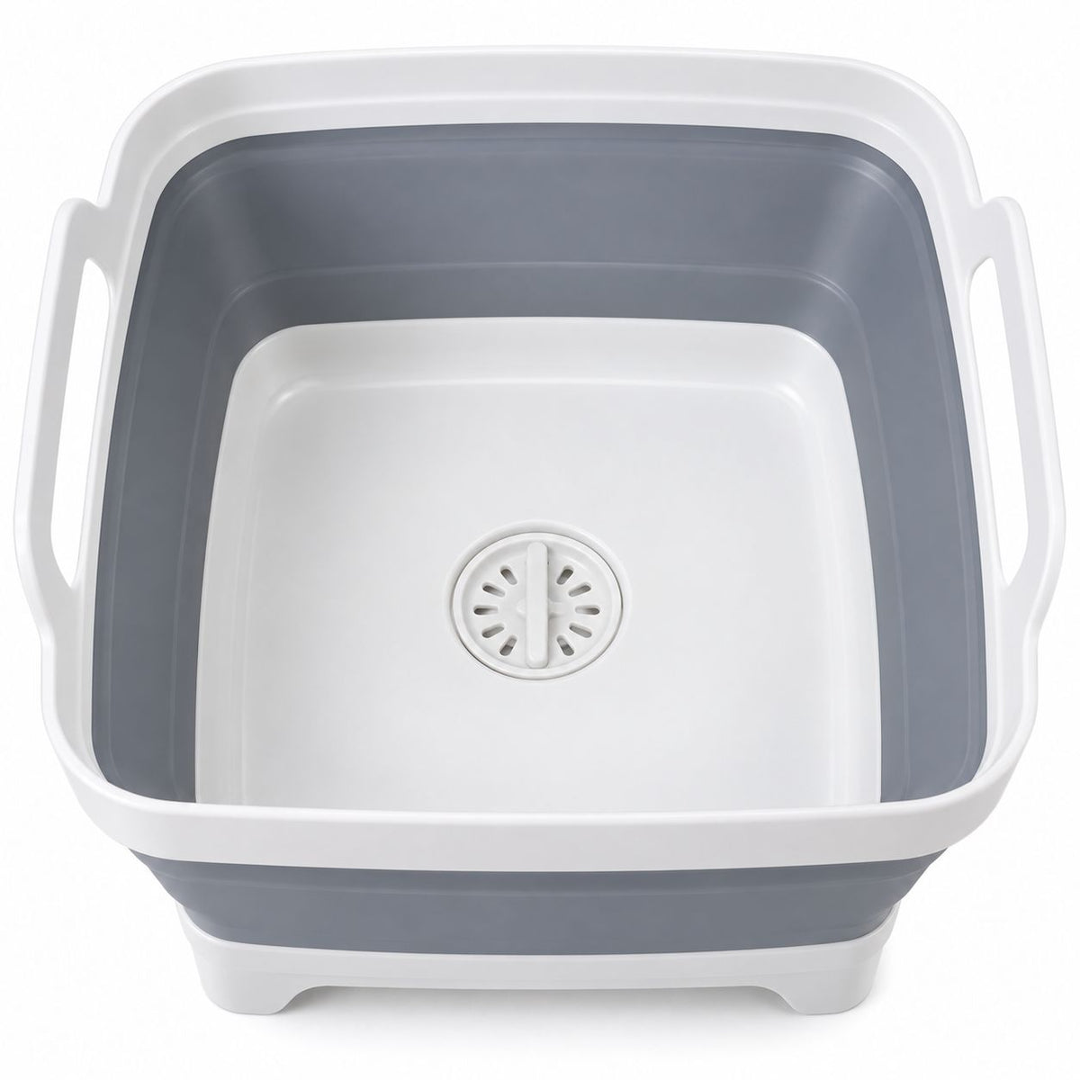 View inside the expanded FreshDip Fold basin showing the central drain plug and carry handles.