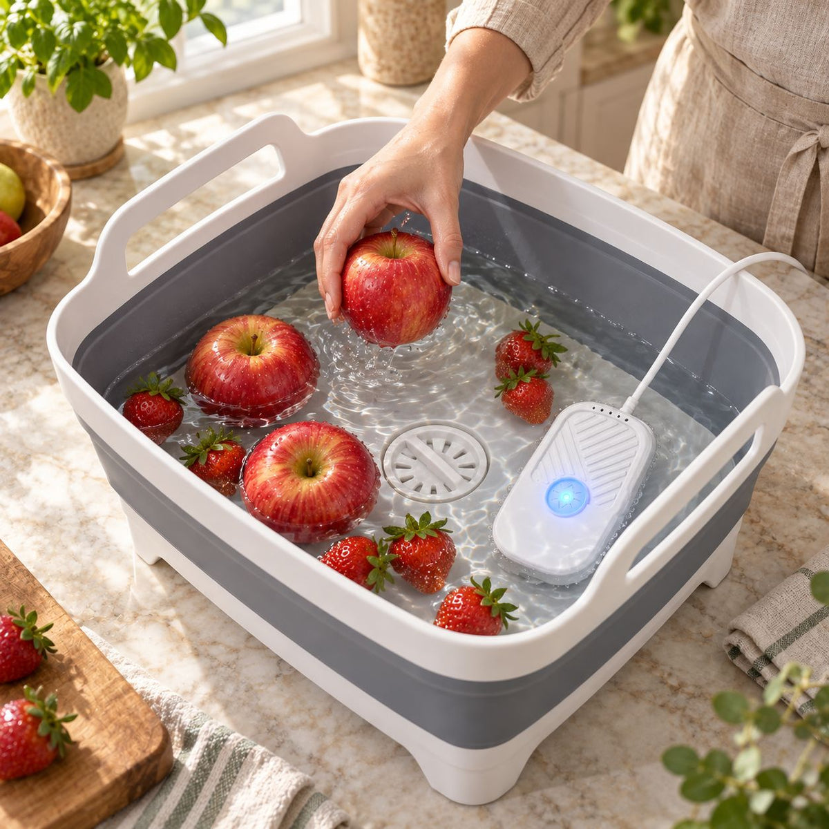 A hand placing an apple in FreshDip Fold beside the separately sold FreshDip cleaner.