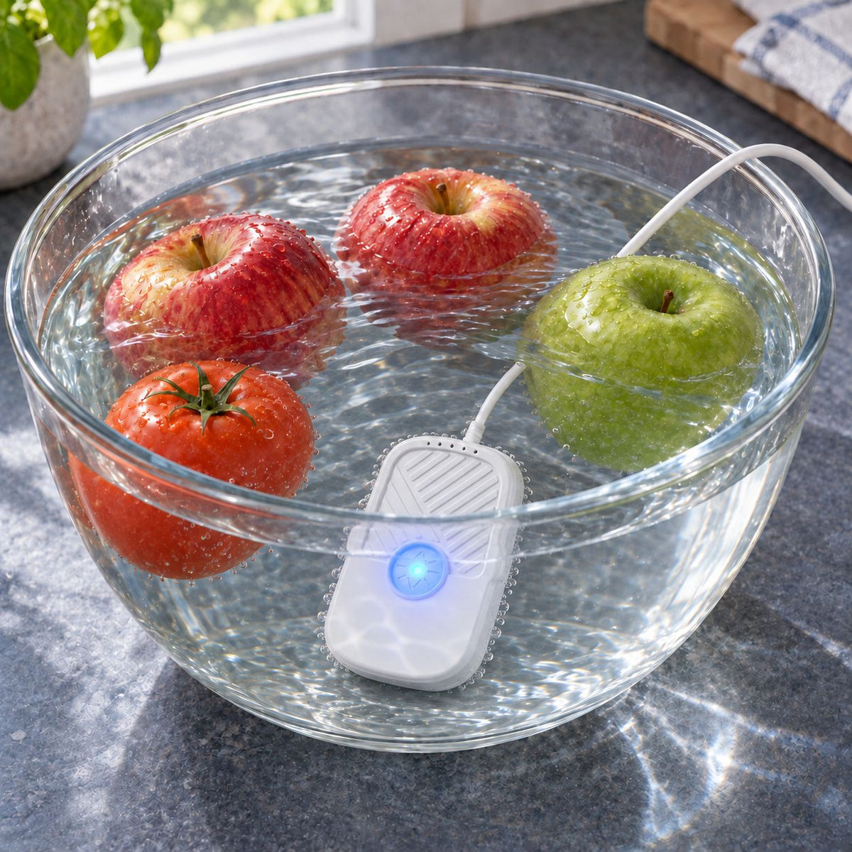 FreshDip with its blue indicator illuminated among apples and strawberries in a glass bowl of water.