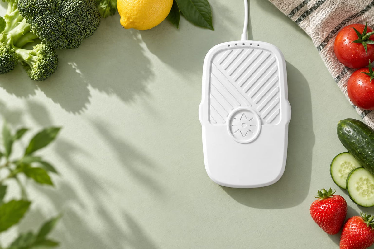 White FreshDip cleaner arranged with fresh produce on a softly lit sage-coloured surface.