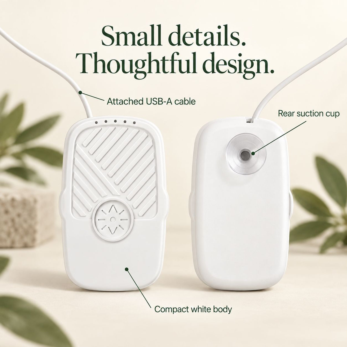 FreshDip front and rear views highlighting the attached USB-A cable, rear suction cup and compact white body.