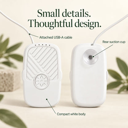 FreshDip front and rear views highlighting the attached USB-A cable, rear suction cup and compact white body.