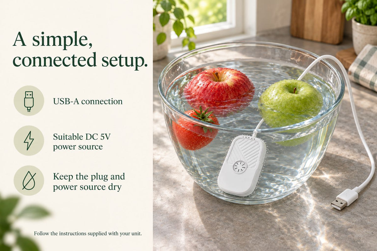 FreshDip setup guide: USB-A connection, suitable DC 5V power source, and keep the plug and power source dry.