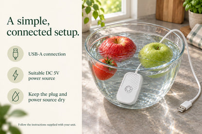 FreshDip setup guide: USB-A connection, suitable DC 5V power source, and keep the plug and power source dry.