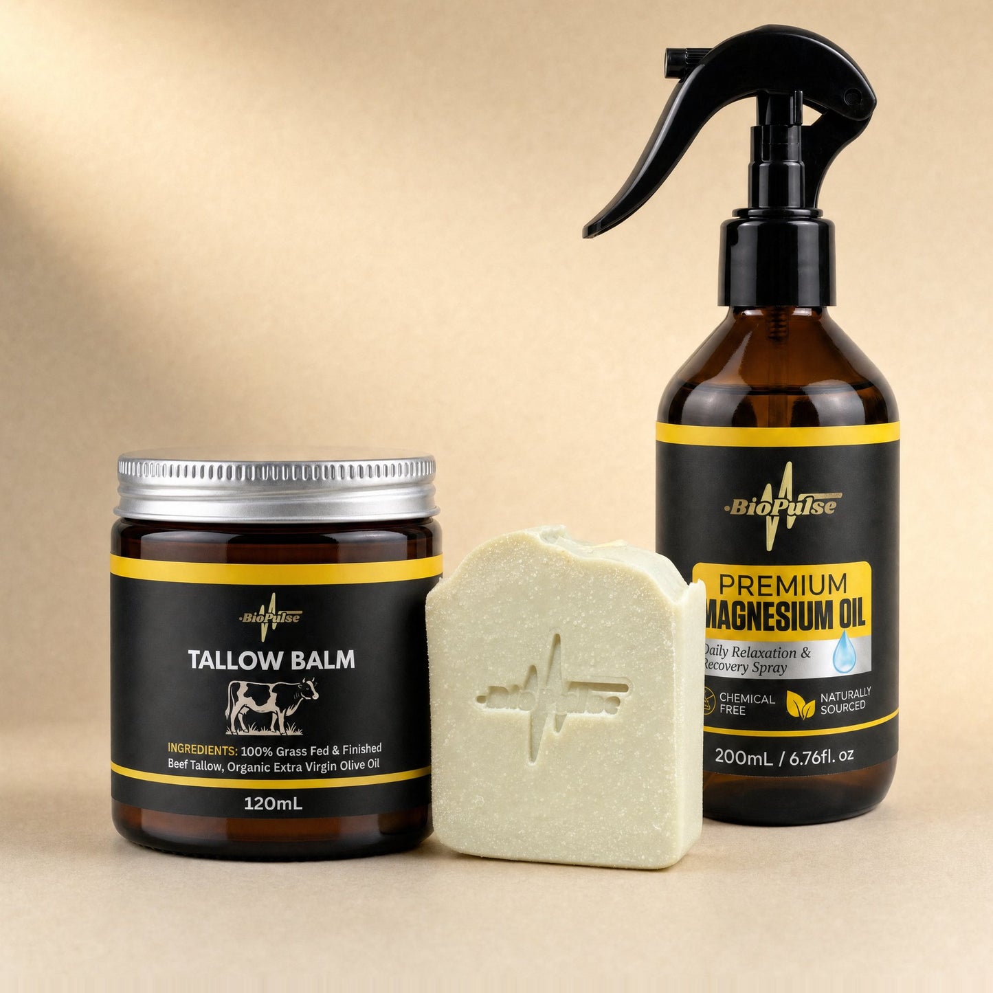 BioPulse Tallow Balm 120mL jar, pale green tallow soap bar and 200mL Premium Magnesium Oil spray