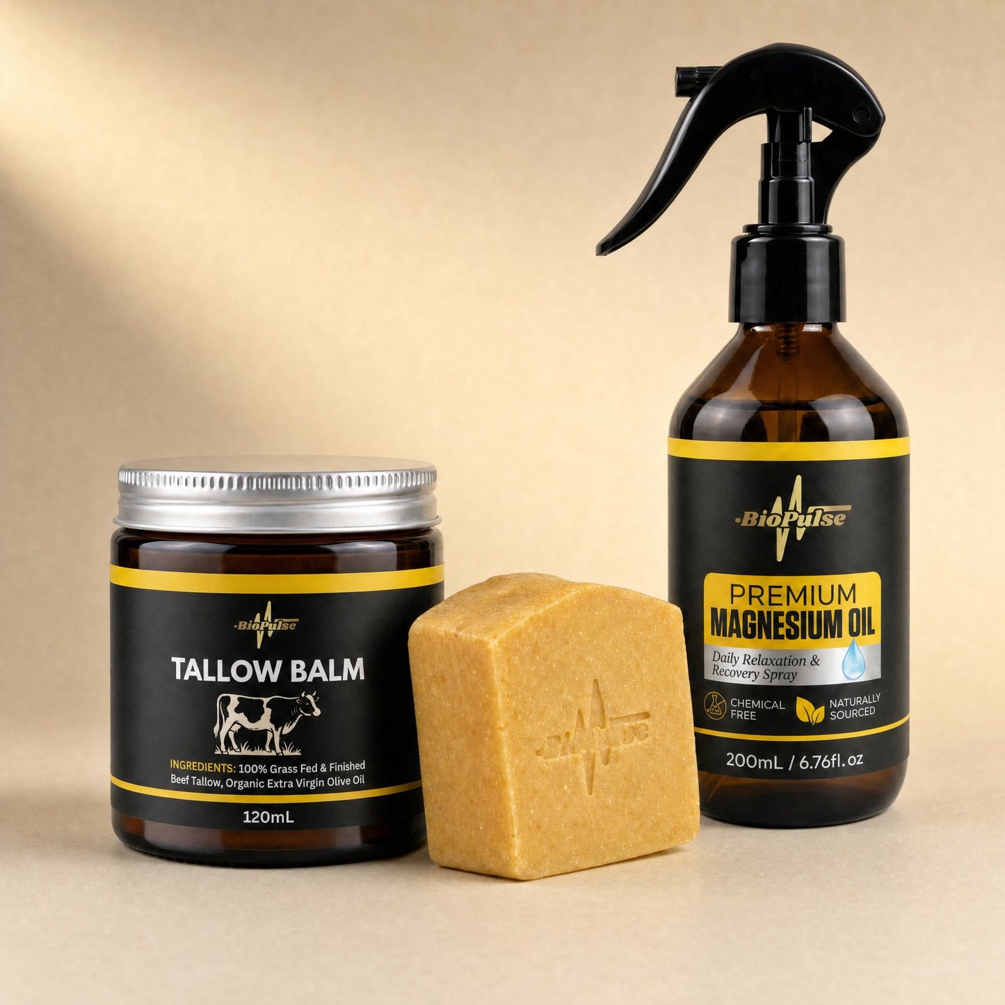 BioPulse Tallow Balm 120mL jar, orange tallow soap bar and 200mL Premium Magnesium Oil spray