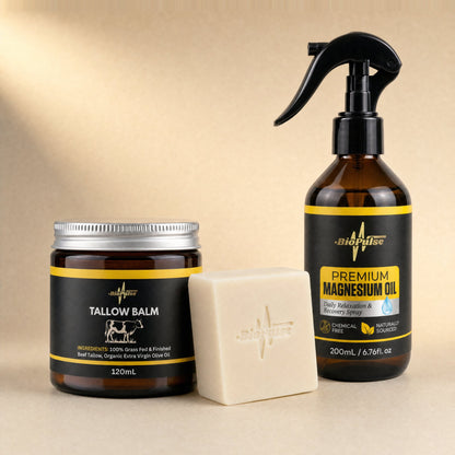 BioPulse Tallow Balm 120mL jar, cream tallow soap bar and 200mL Premium Magnesium Oil spray