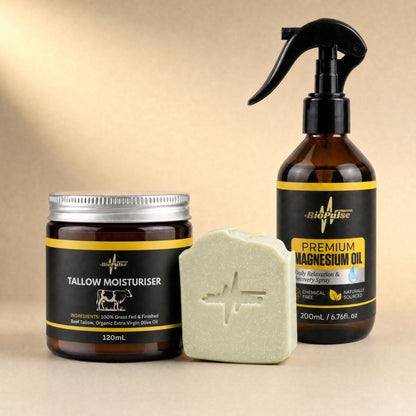 BioPulse Tallow Moisturiser 120mL jar, pale green tallow soap bar and 200mL Premium Magnesium Oil spray