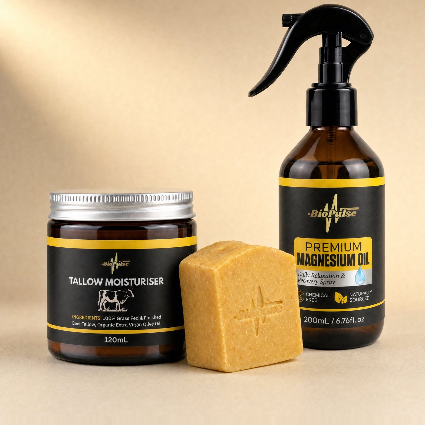 BioPulse Tallow Moisturiser 120mL jar, orange tallow soap bar and 200mL Premium Magnesium Oil spray