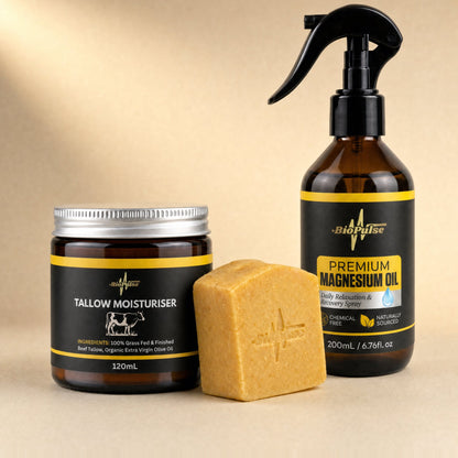 BioPulse Tallow Moisturiser 120mL jar, orange tallow soap bar and 200mL Premium Magnesium Oil spray