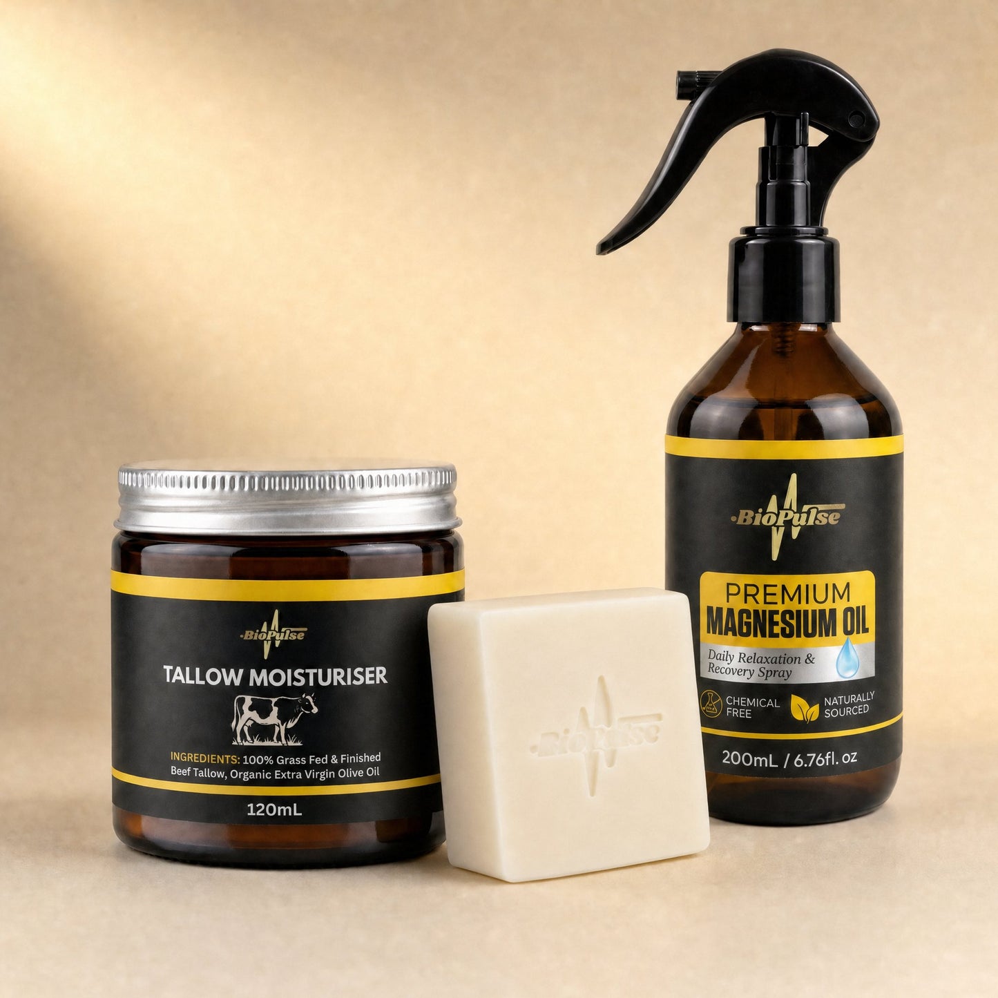 BioPulse Tallow Moisturiser 120mL jar, cream tallow soap bar and 200mL Premium Magnesium Oil spray