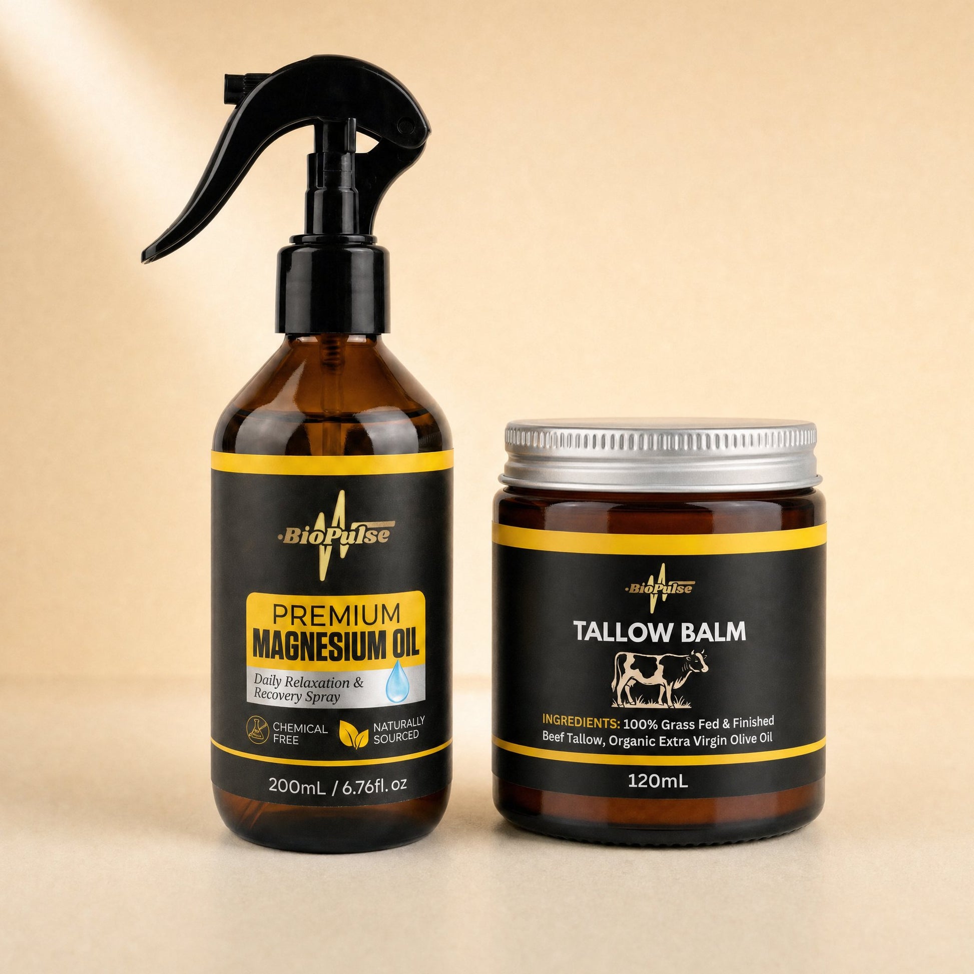 BioPulse Premium Magnesium Oil 200mL spray beside a 120mL Tallow Balm jar, both amber glass