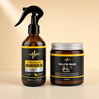 BioPulse Premium Magnesium Oil 200mL spray beside a 120mL Tallow Balm jar, both amber glass
