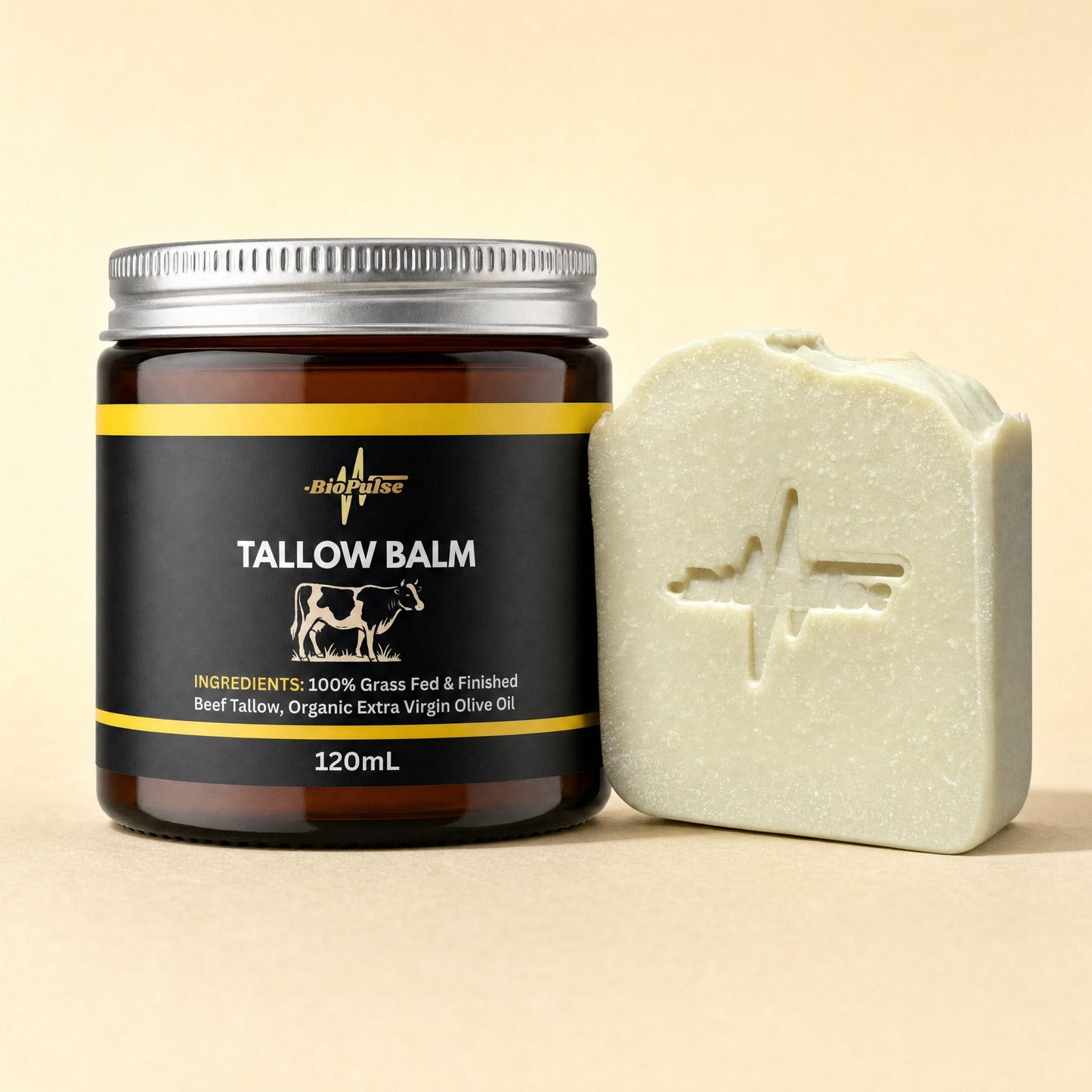BioPulse Tallow Balm in a 120mL amber glass jar beside a pale green tallow soap bar