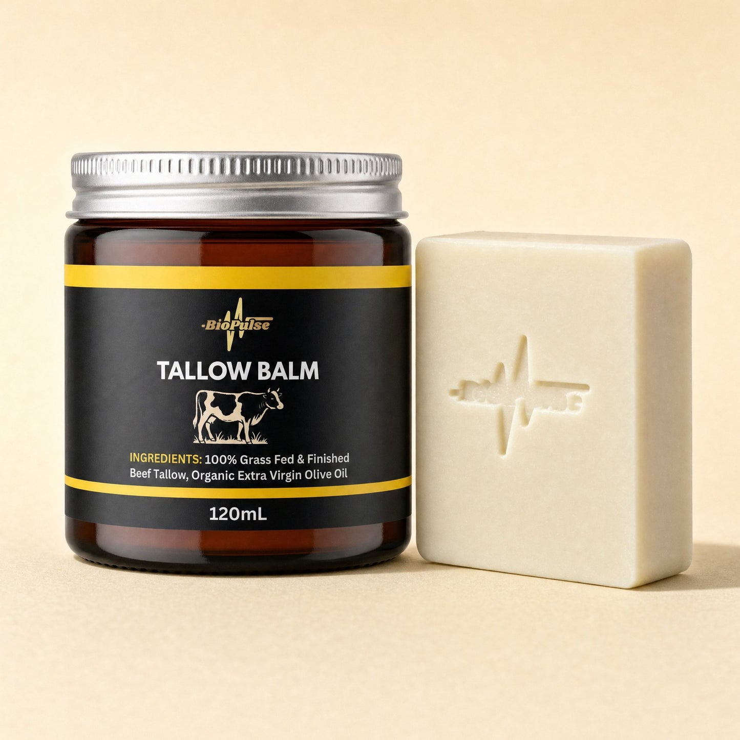 BioPulse Tallow Balm in a 120mL amber glass jar beside a plain cream tallow soap bar