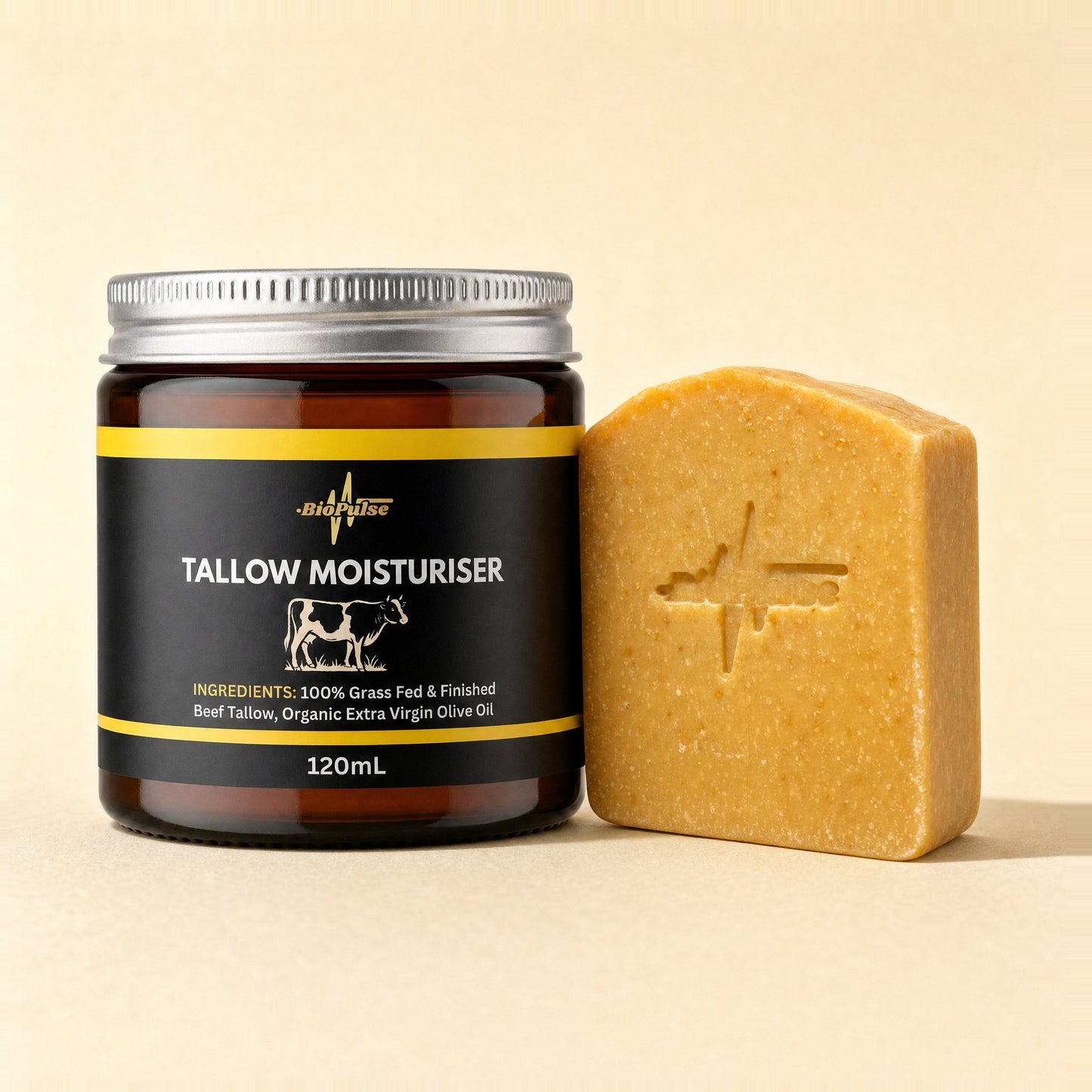 BioPulse Tallow Moisturiser in a 120mL amber glass jar beside a golden orange tallow soap bar