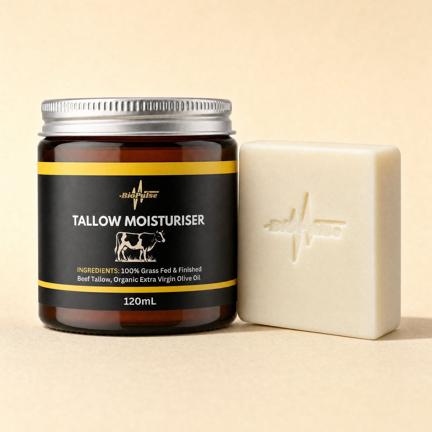 BioPulse Tallow Moisturiser in a 120mL amber glass jar beside a plain cream tallow soap bar