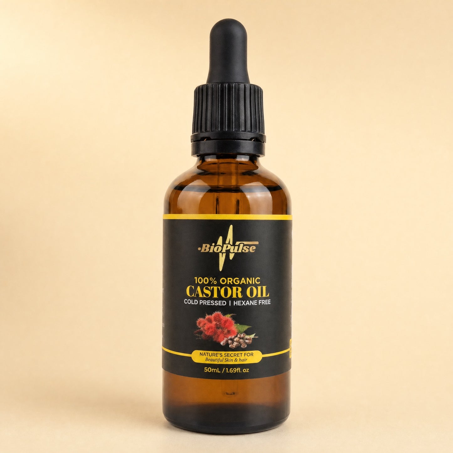 BioPulse 100% Organic Castor Oil in a 50mL amber glass dropper bottle, labelled cold pressed and hexane free