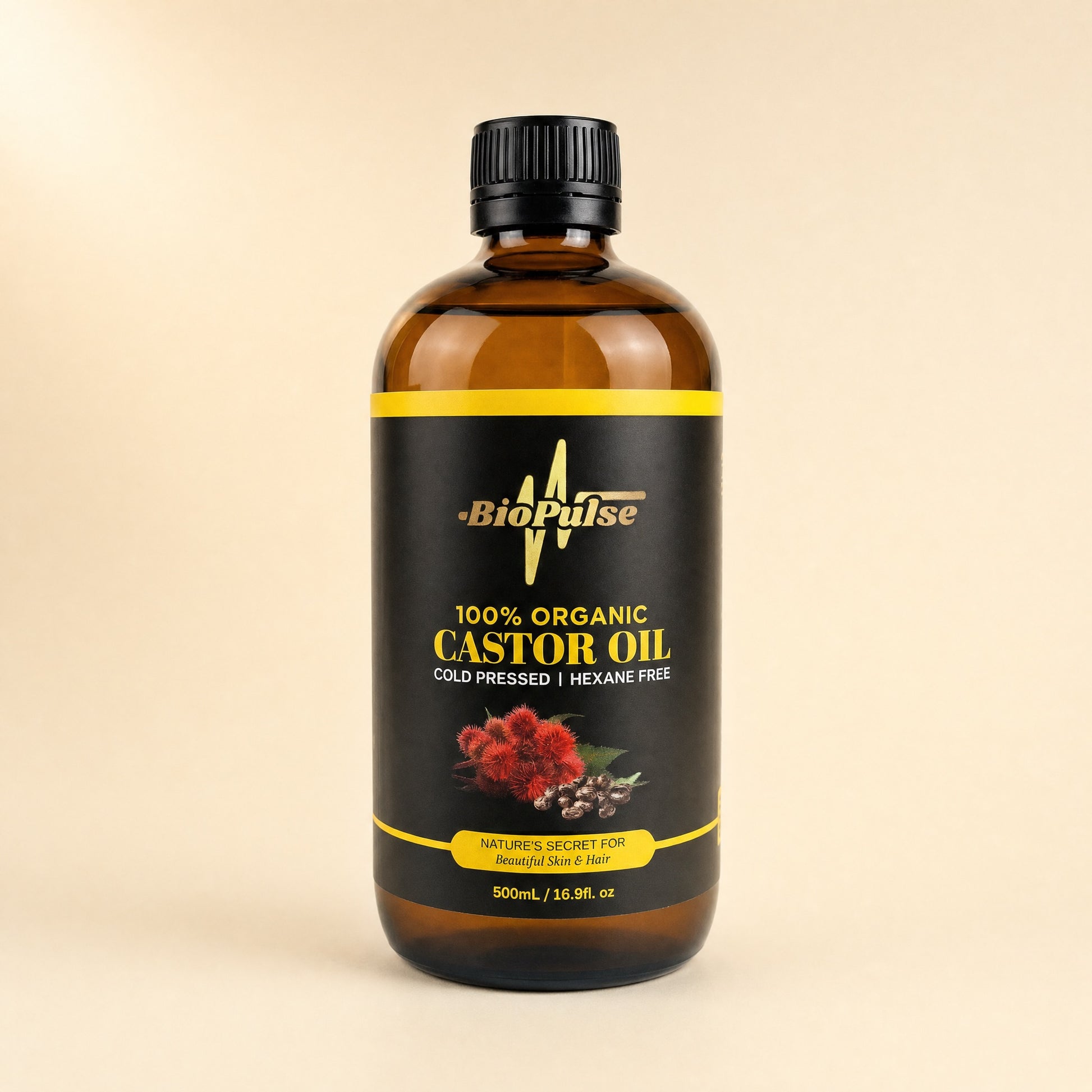 BioPulse 100% Organic Castor Oil in a 500mL amber glass bottle, labelled cold pressed and hexane free