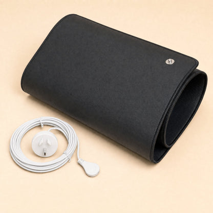BioPulse Earthing Mat rolled up in black with a coiled white cord and Australian plug